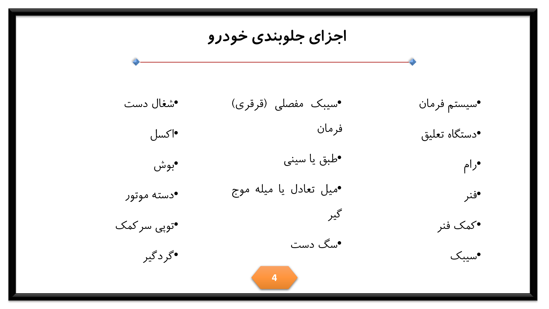 پاورپوینت در مورد اجزای جلوبندی خودرو 